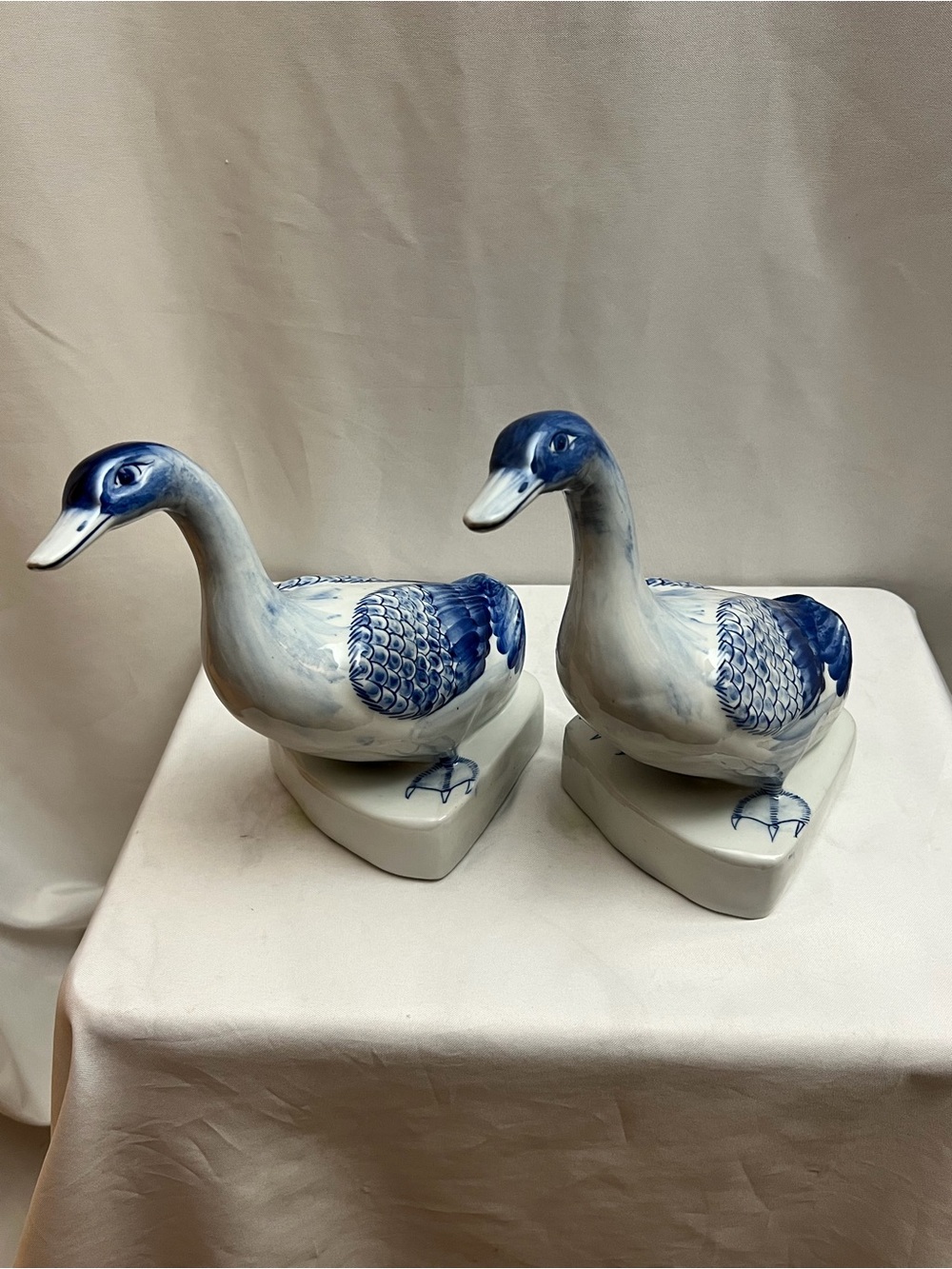 Pair Hand Painted Thailand Blue White Ceramic Duck Goose Figurines 10 Inch